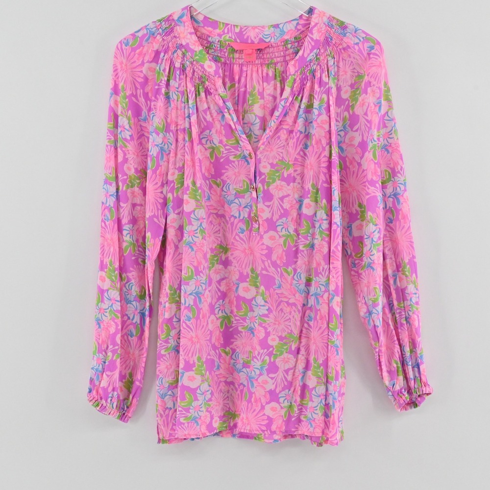 Lilly Pulitzer Elsa Moms The Word Amethyst Top Womens Size XL Pink Silk Floral